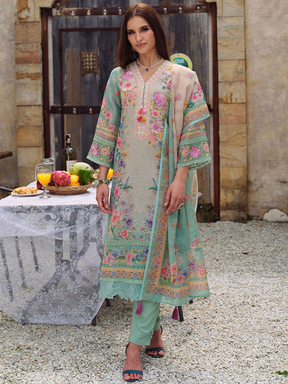 Floral Embroidered Beads and Stones Straight Kurta With Trousers & Dupatta