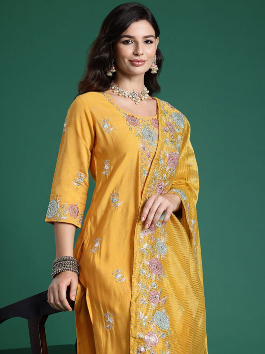 Dhiyona IE Floral Embroidered Sequinned Kurta With Trousers & Dupatta