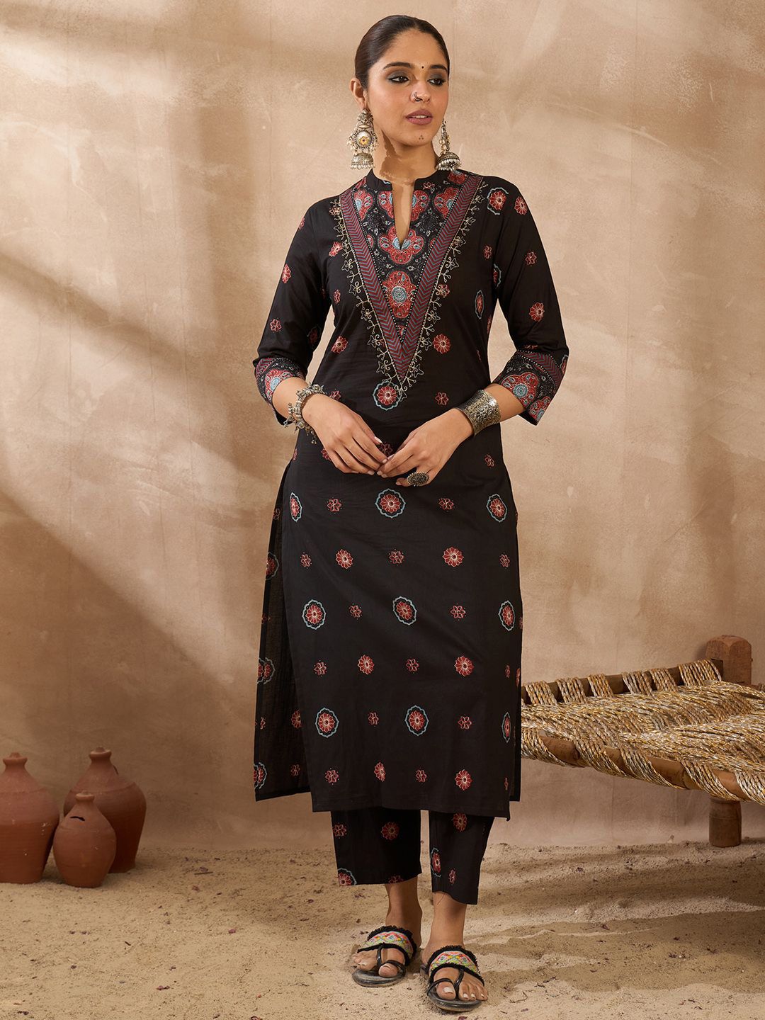 Women Ethnic Motifs Printed Regular Beads and Stones Pure Cotton Kurta with Trousers
