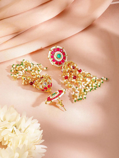 Dhiyona RJ Women's 24K Gold-Plated Kundan & Beaded Handcrafted Ruby, Emerald & Pearl Necklace Set