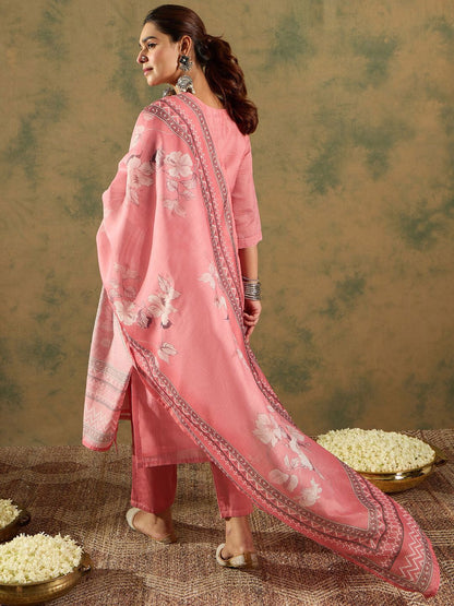 Floral Embroidered Regular Chanderi Silk Straight Kurta with Trousers & Dupatta