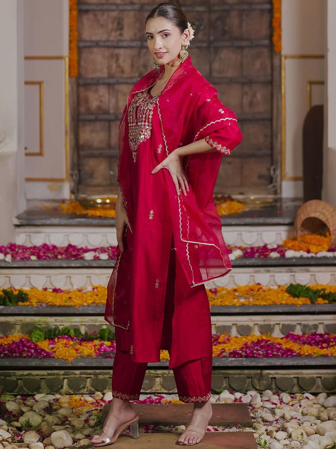 Embroidered Sequinned Straight Kurta With Trousers & Dupatta