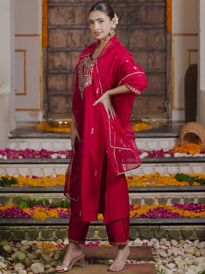 Embroidered Sequinned Straight Kurta With Trousers & Dupatta