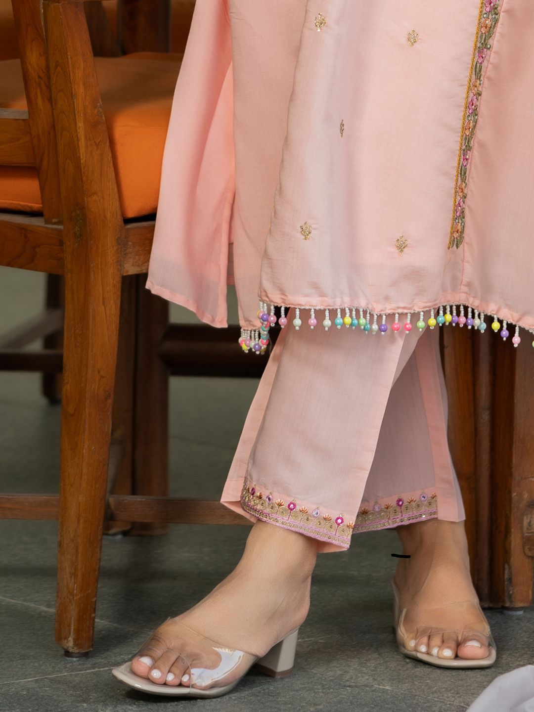 Dhiyona IE Floral Embroidered V-Neck Sequinned A-Line Kurta With Trousers & Dupatta