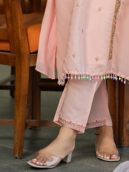 Dhiyona IE Floral Embroidered V-Neck Sequinned A-Line Kurta With Trousers & Dupatta