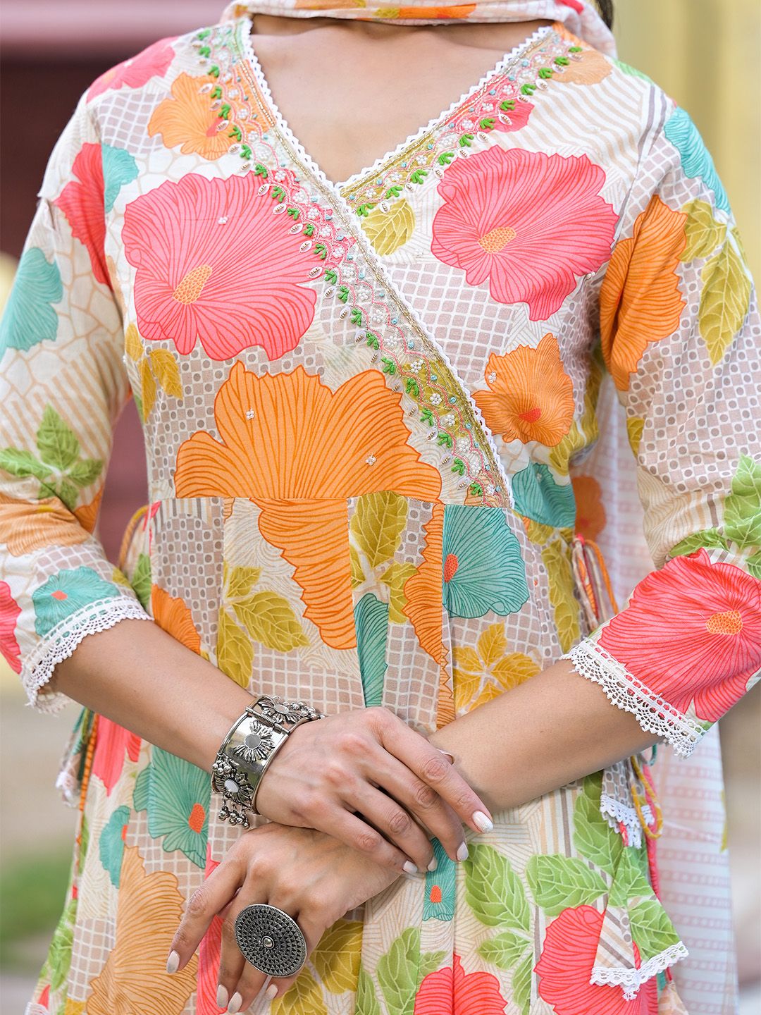 Dhiyona IS Women's Floral Printed Angrakha Beads and Stones Anarkali Kurta With Trouser & Dupatta
