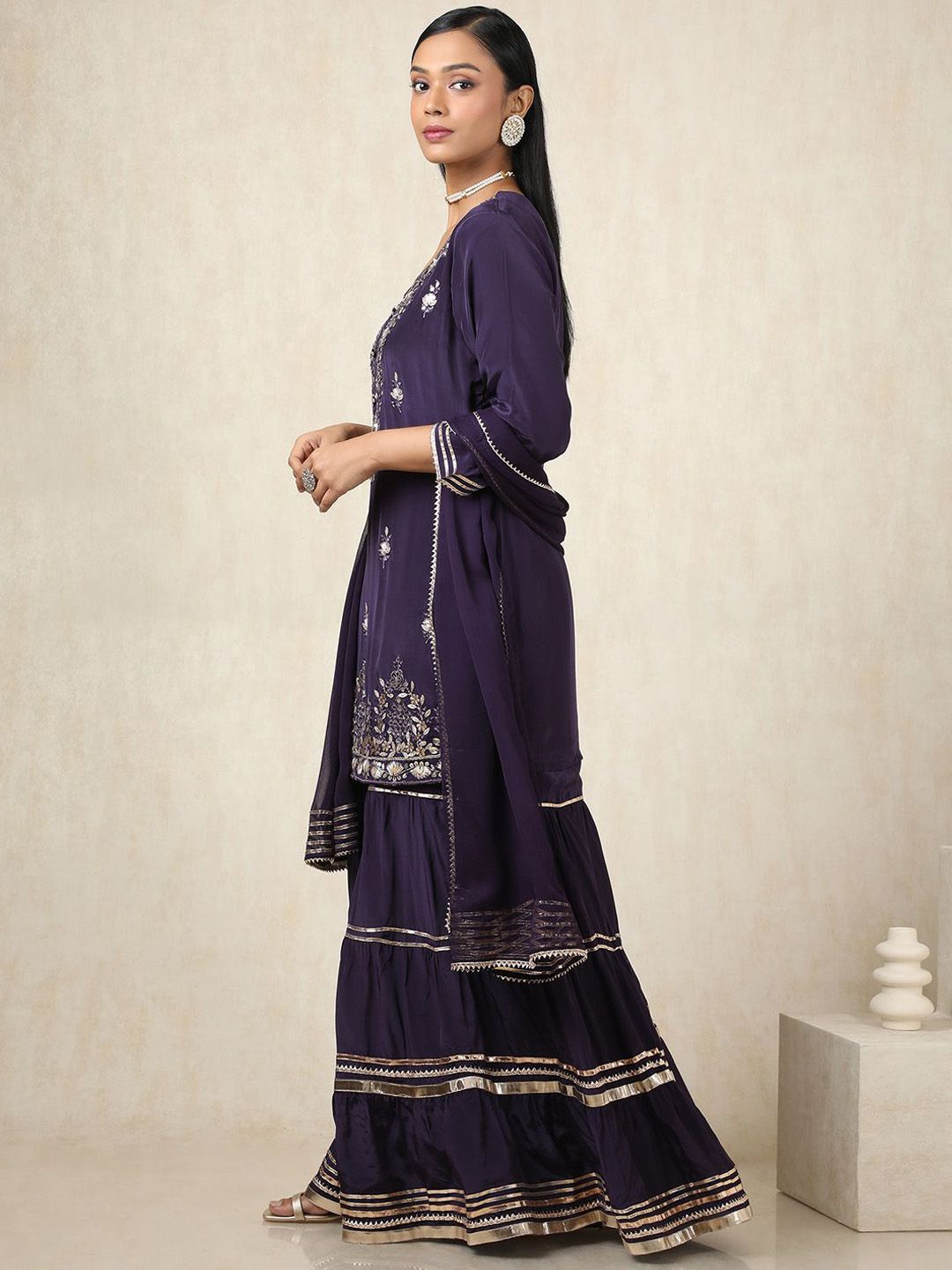 Dhiyona SO Women's Floral Embroidered Mirror Work Round Neck Straight Kurta With Sharara & Dupatta