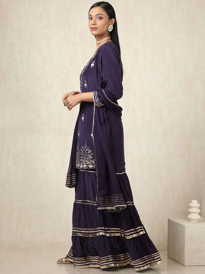 Dhiyona SO Women's Floral Embroidered Mirror Work Round Neck Straight Kurta With Sharara & Dupatta