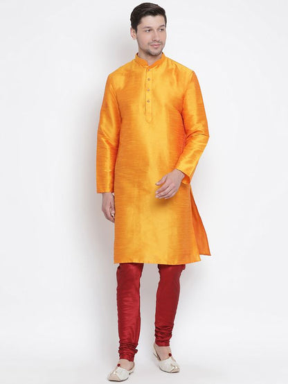 Men's Orange Silk Blend Straight Kurta Pyjama Set