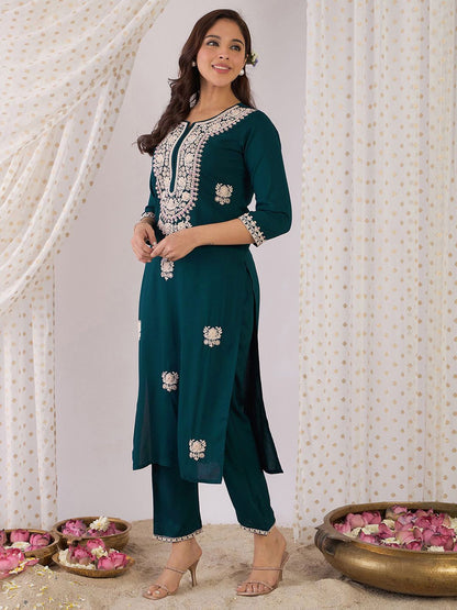 Women Embroidered Regular Kurta with Trousers