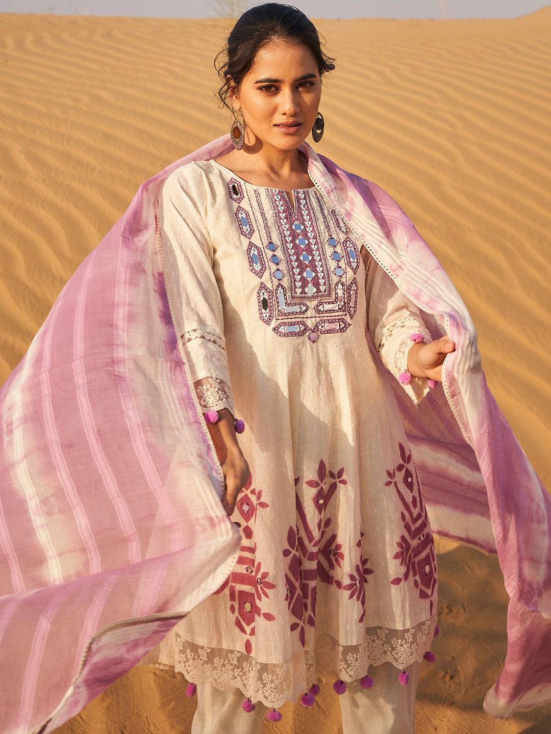 Geometric Printed Mirror Work A-Line Pure Cotton Kurta With Trousers & Dupatta