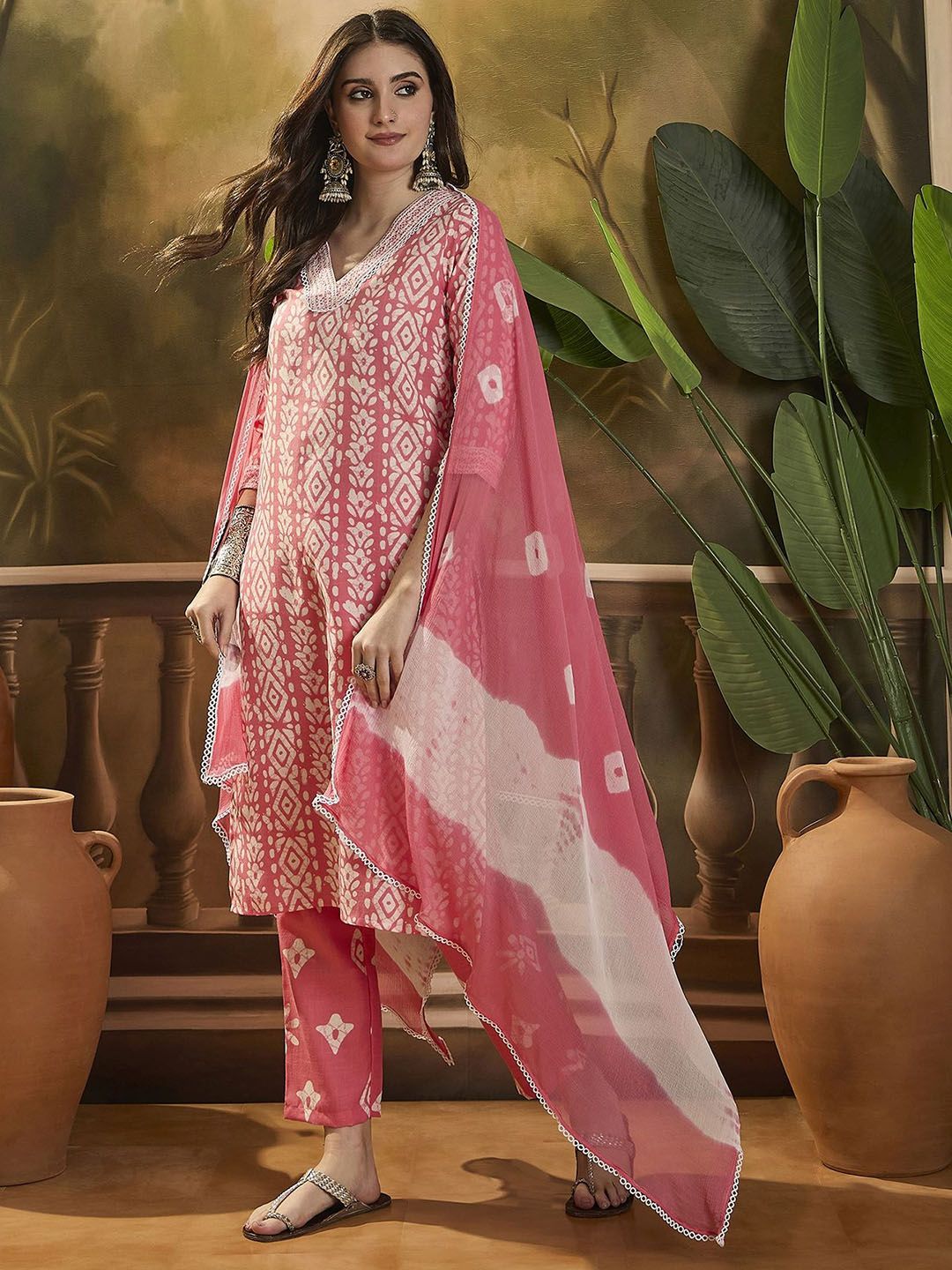 Dhiyona SN Women's Floral Printed V Neck Straight Kurta Trouser With Dupatta