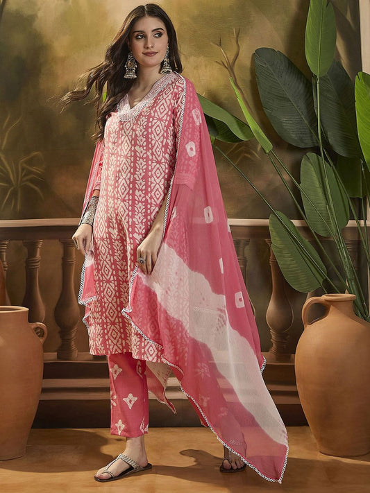 Dhiyona SN Women's Floral Printed V Neck Straight Kurta Trouser With Dupatta