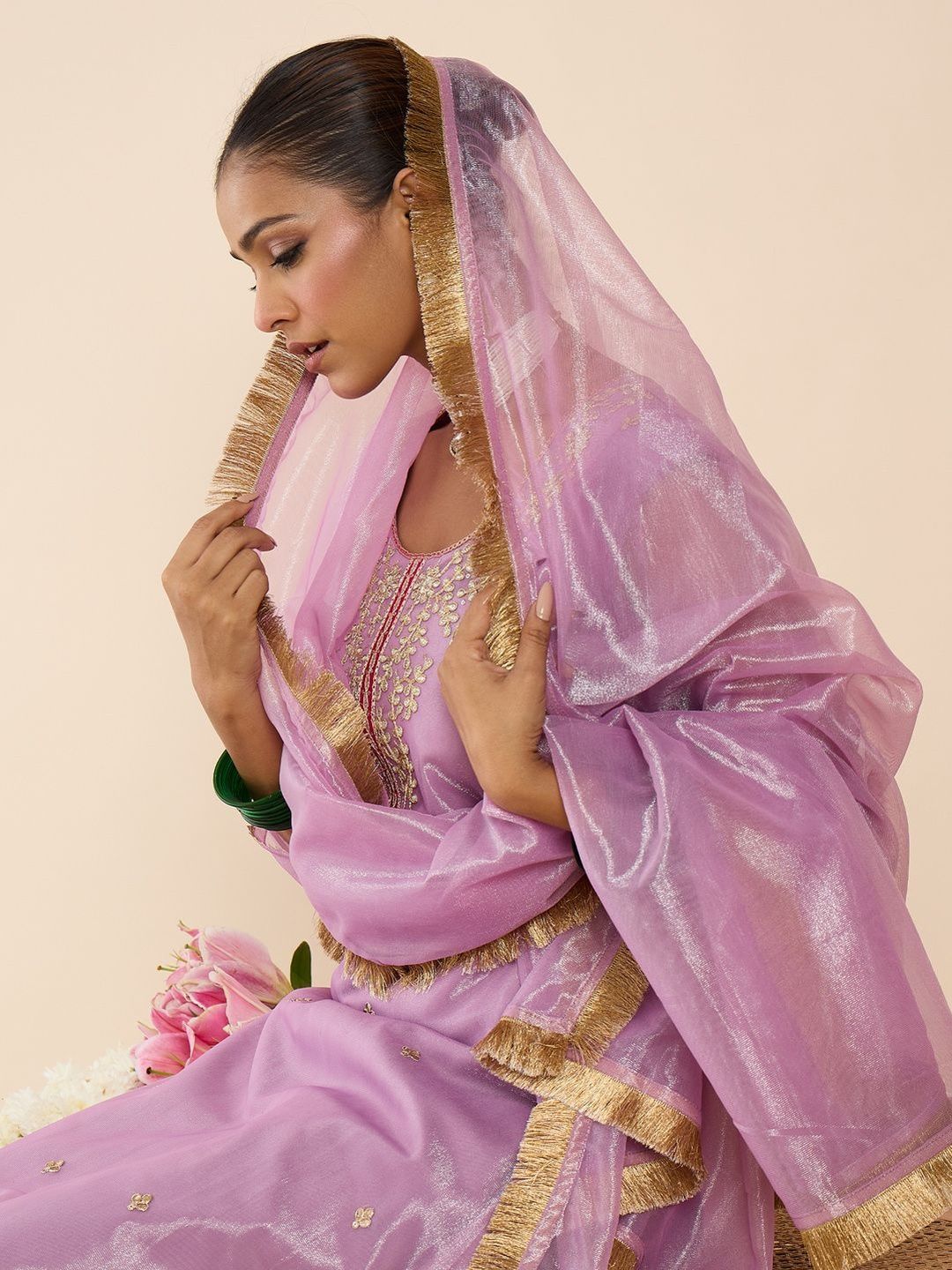 Women Ethnic Motifs Embroidered Regular Thread Work Kurta with Trousers & With Dupatta