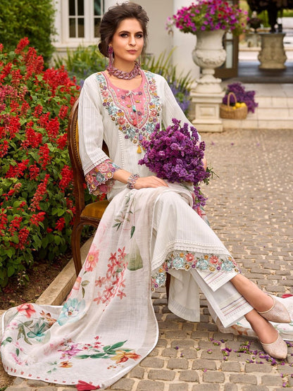 Women Floral Embroidered Regular Thread Work Pure Cotton Kurta with Trousers & With Dupatta