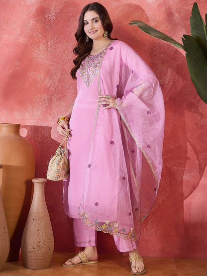 Dhiyona SN Women's Floral Embroidered Round Neck Straight Kurta With Trousers & Dupatta