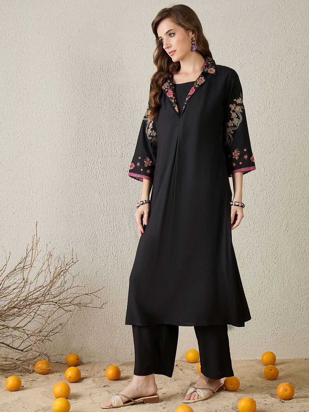 Dhiyona IE Embroidered Shirt Collar Top With Trousers