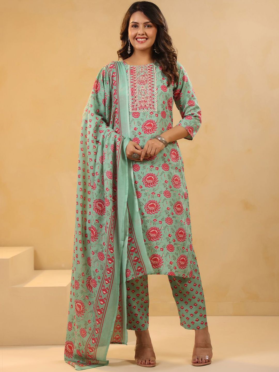 Floral Printed Mirror Work Straight Kurta With Trousers & Dupatta