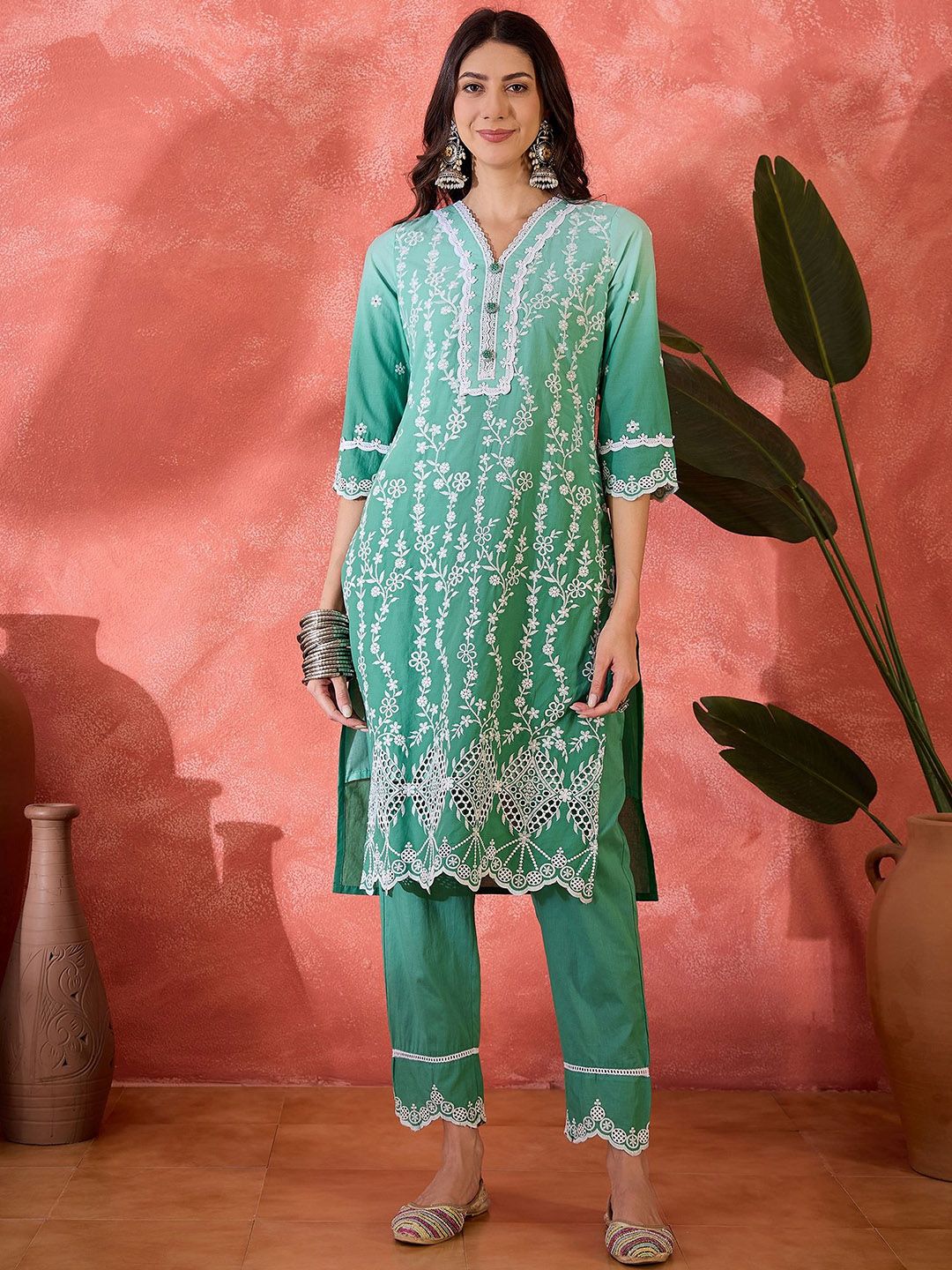 Dhiyona SN Women's Floral Embroidered Cotton Kurta with Trousers & Dupatta