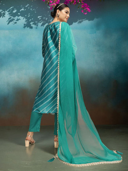 Dhiyona IS Women's Women Leheriya Embroidered Kurta with Trousers & Dupatta