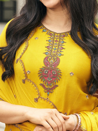 Dhiyona CH Embroidered Round Neck Chinon Sequinned Kurta With Palazzos & Dupatta