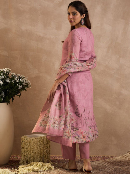 Women Floral Embroidered Regular Thread Work Linen Kurta Set With Dupatta