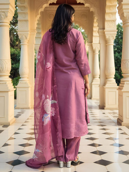 Floral Embroidered Thread Work Straight Kurta With Trousers & Dupatta