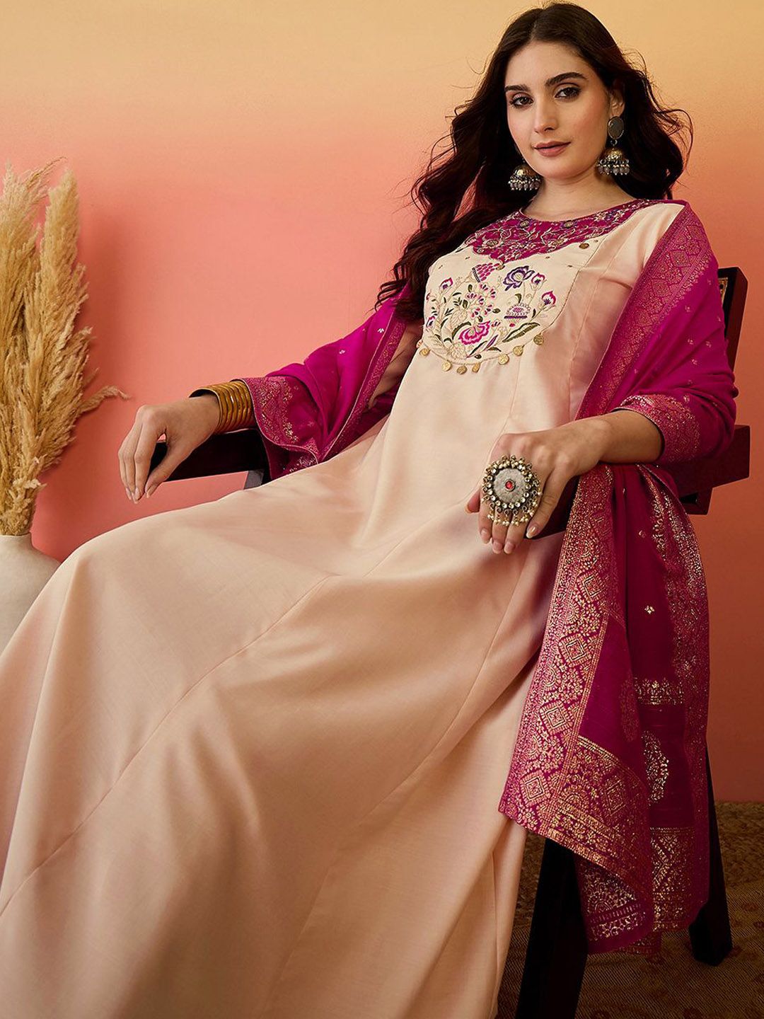 Dhiyona SN Women's Floral Yoke Design Panelled Thread Work A-Line Kurta With Trouser And Dupatta