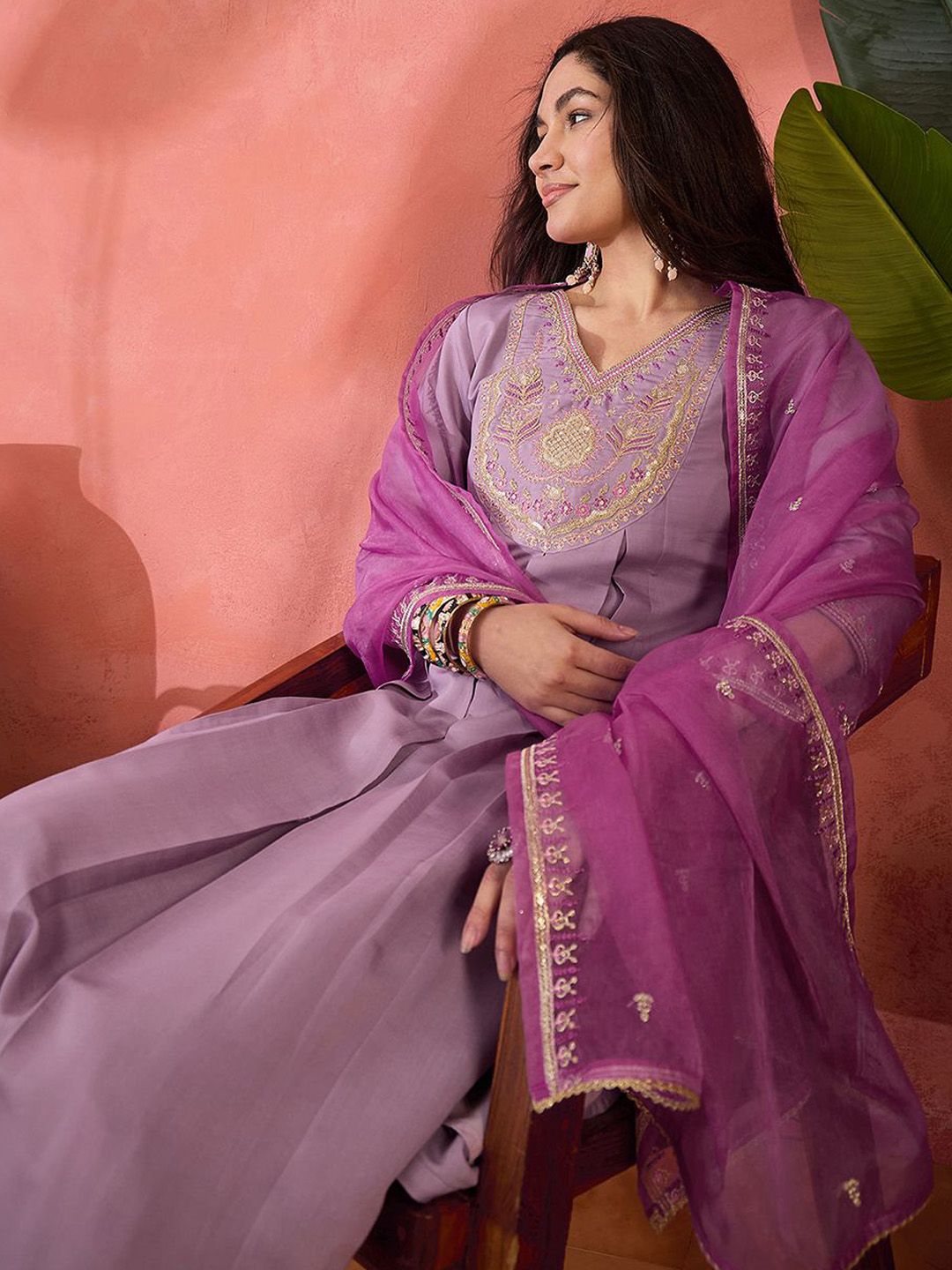 Dhiyona SN Women's Embroidered Zari Sequence Kurta With Trousers & Dupatta