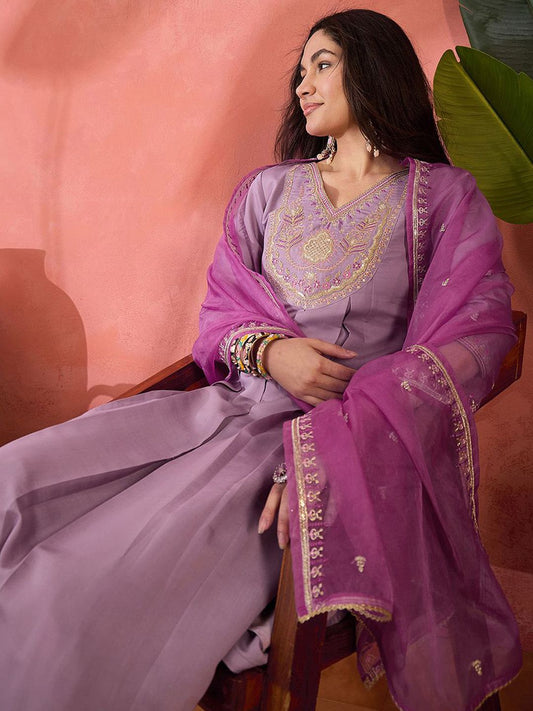 Dhiyona SN Women's Embroidered Zari Sequence Kurta With Trousers & Dupatta