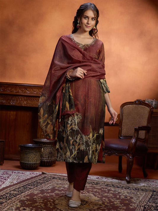 Dhiyona WP Floral Digital Printed Beads and Stones Jacquard Kurta with Trousers & Dupatta