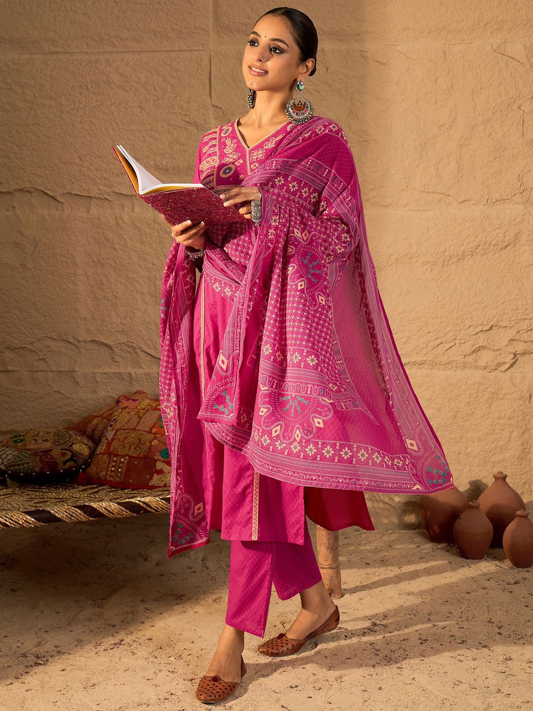 Dhiyona IE Women's Embroidered V-Neck Pure Cotton Straight Kurta With Trousers And Dupatta