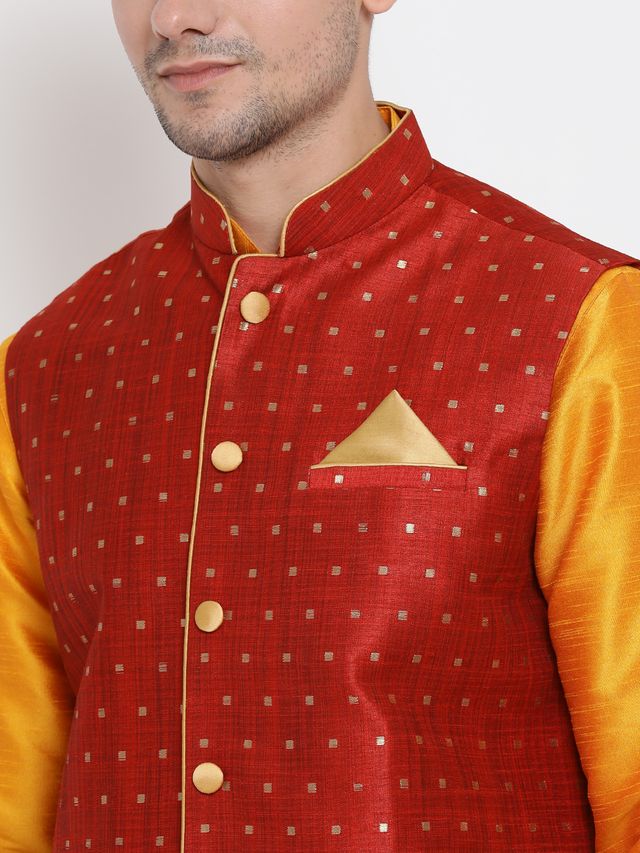 Men's Orange Silk Blend Straight Jacket  Kurta and Pyjama Set