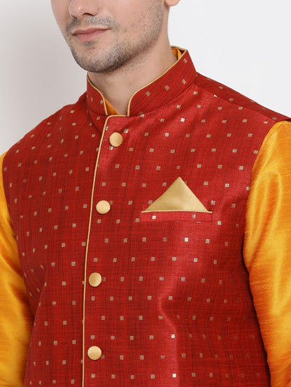 Men's Orange Silk Blend Straight Jacket  Kurta and Pyjama Set