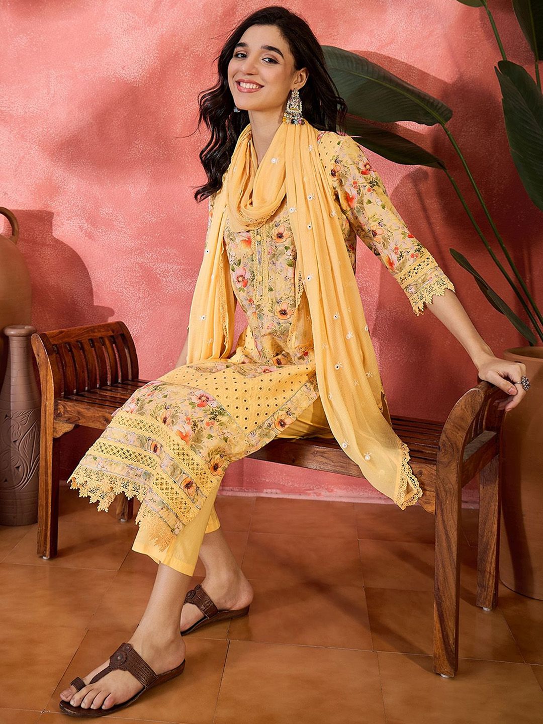 Dhiyona SN Women's Digital Printed With Schiffli Embroidered Cotton Kurta With Bottom & Dupatta Set