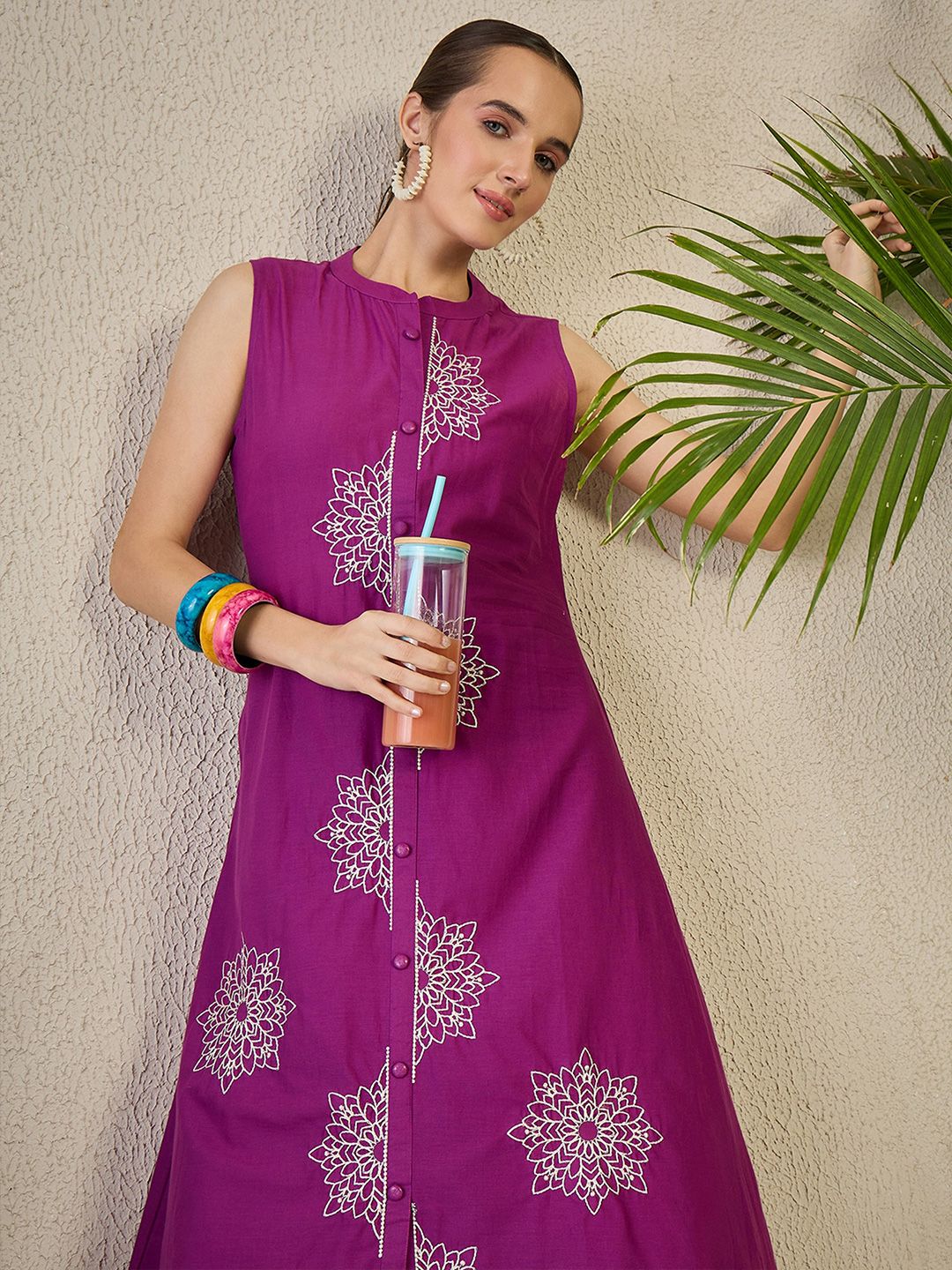 Dhiyona IE Floral Embroidered A-Line Pure Cotton Kurta With Trousers