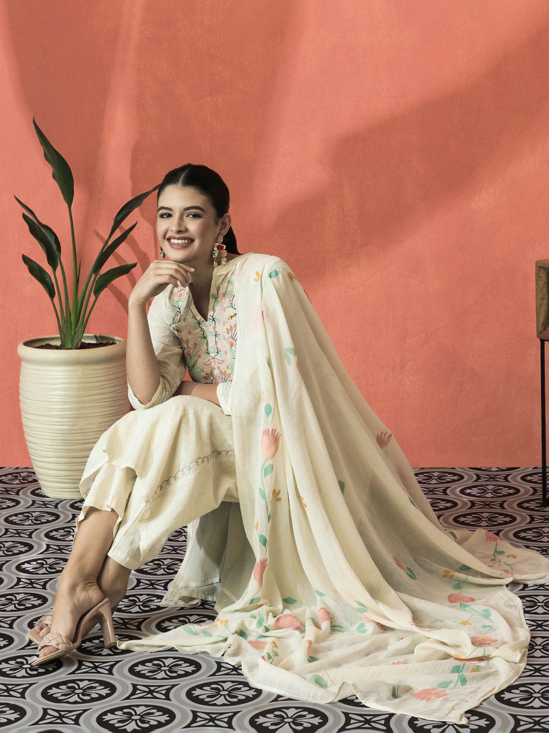 Dhiyona SN Women's Floral Embroidered Mandarin Collar Cotton A-Line Kurta With Trouser & Dupatta