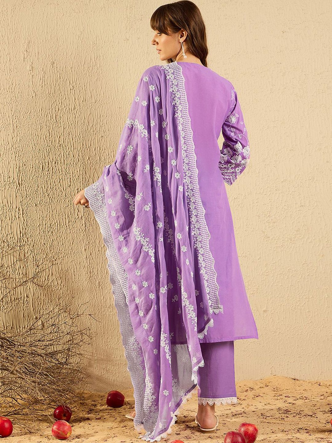 Dhiyona IE Women Ethnic Motifs Embroidered Regular Thread Work Pure Cotton Kurta with Trousers & With Dupatta