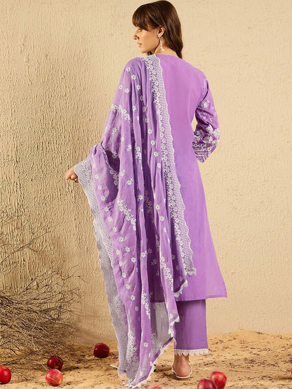 Dhiyona IE Women Ethnic Motifs Embroidered Regular Thread Work Pure Cotton Kurta with Trousers & With Dupatta