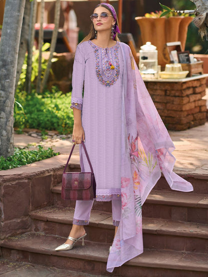 Dhiyona IE Lavender Floral Embroidered Tie Up Neck Pure Cotton Kurta with Trousers & Dupatta
