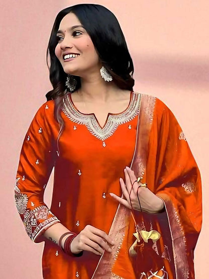 Dhiyona SN Women's Embroidered Straight Kurta Pyjama & Dupatta