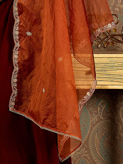 Dhiyona IE Ethnic Motifs Embroidered Thread Work Velvet Kurta with Trouser & Dupatta