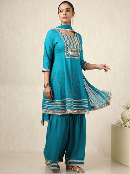 Dhiyona SO Women's Ethnic Motifs Yoke Design Round Neck A-Line Kurti With Sharara & Dupatta
