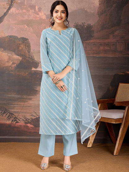 Dhiyona PD Women Sequined Embroidered Round Neck Straight Kurta & Trousers With Dupatta