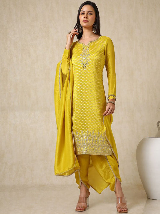 Dhiyona SO Women's Ethnic Motifs Woven Design Straight Kurta with Dhoti Pants & Dupatta