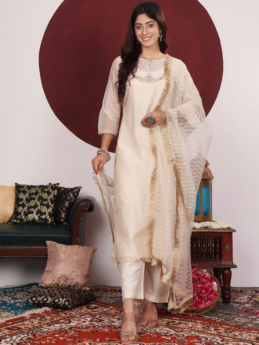 Dhiyona VA Women'sFloral Yoke Design Sequinned Keyhole Neck Straight Kurta With Trouser & Dupatta