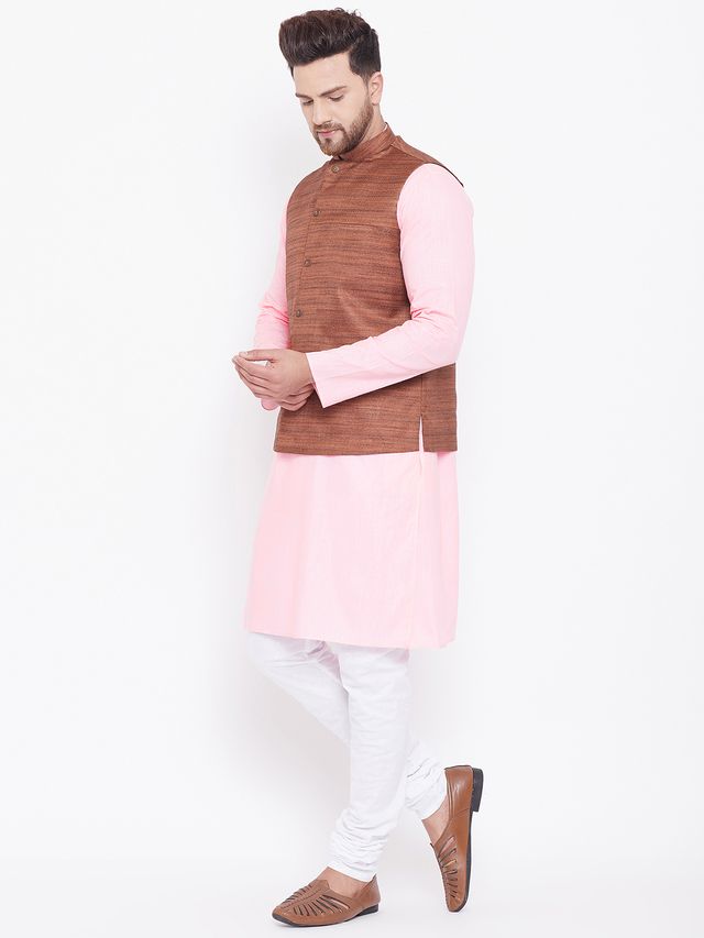 Men's Pink Cotton Blend Straight Jacket  Kurta and Pyjama Set