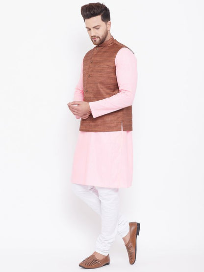 Men's Pink Cotton Blend Straight Jacket  Kurta and Pyjama Set