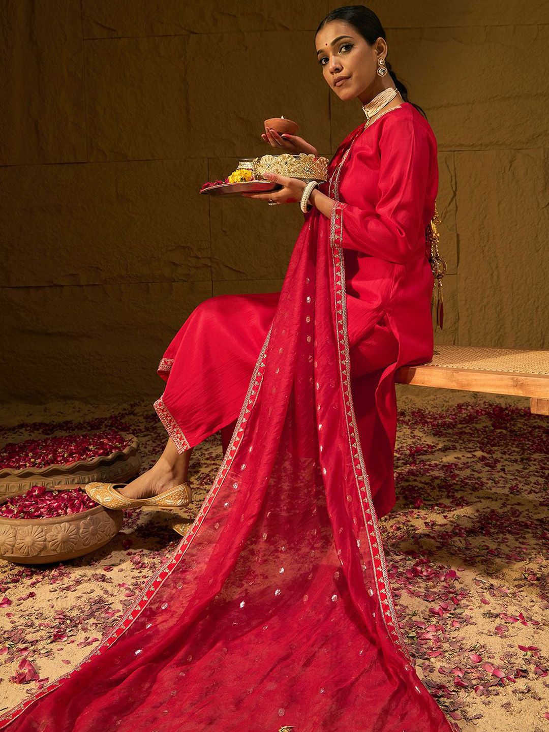 Ethnic Motifs Embroidered V-Neck Straight Kurta With Trousers & Dupatta