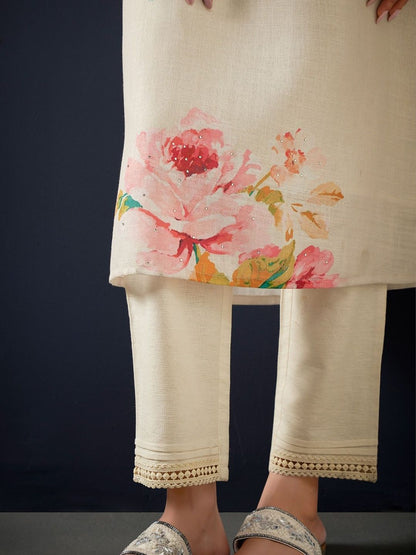Women Floral Printed Regular Linen Kurta with Trousers & With Dupatta